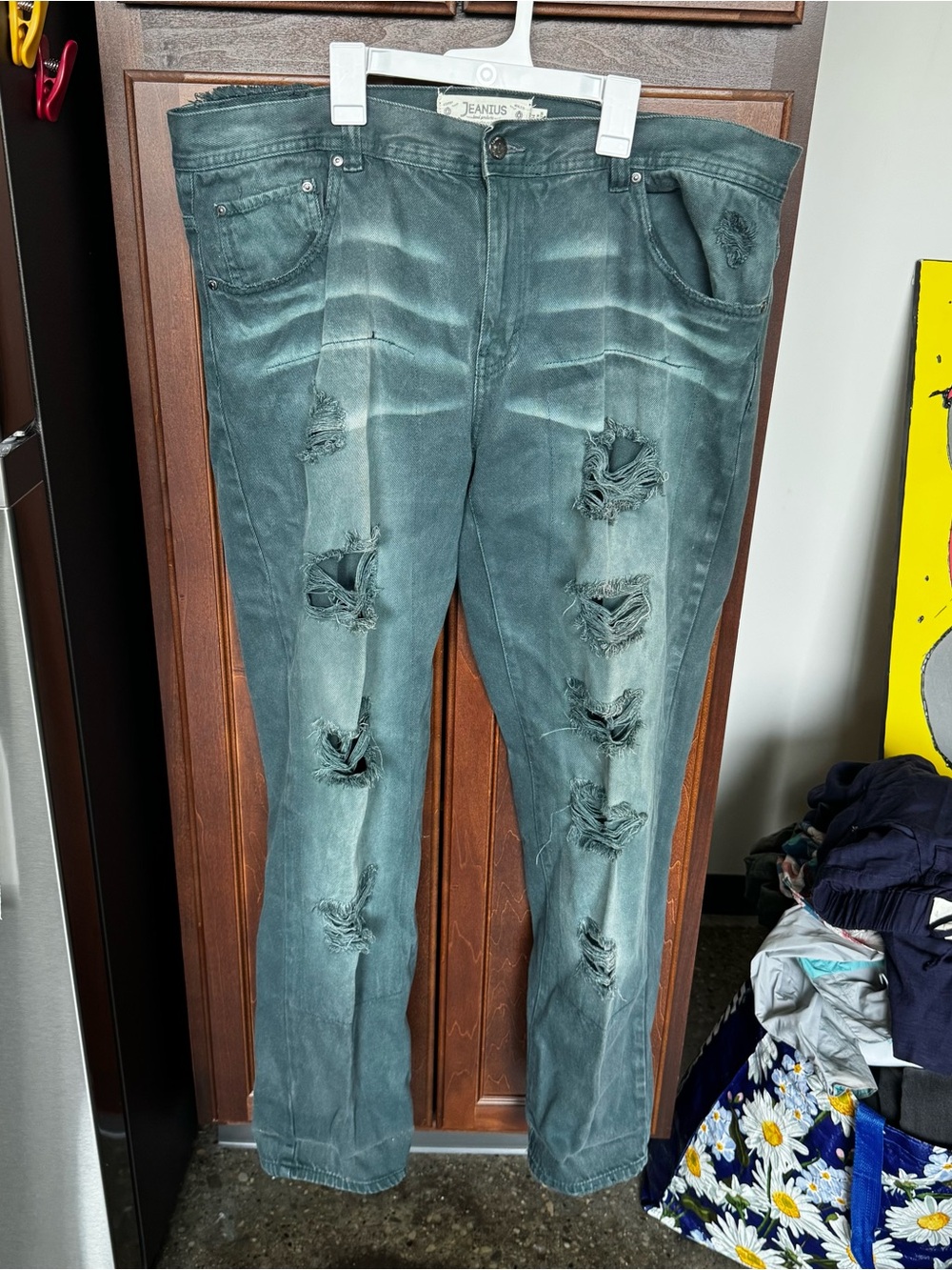 Akademiks Jeanius Mens Jeans 40x34 Green Washed Distressed Rip Straight Vintage
